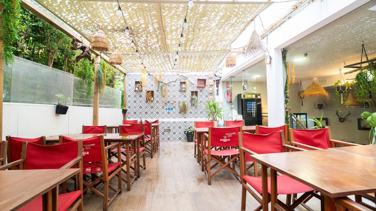 Terrace tables under a light canopy with plants
